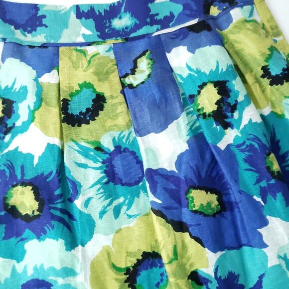 LOFT Floral Print Skirt Blue Green Pleated Linen Spring Summer Zip Career 6P - Picture 2 of 4